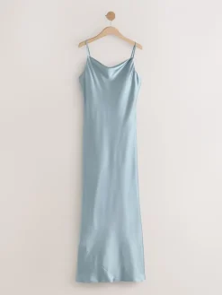 Next Dusky Blue Satin Cowl Neck Wedding Guest Bridesmaid Maxi Dress