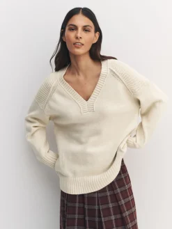 Next Cotton And Wool Blend Longline V-Neck Jumper Ecru New