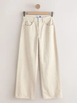 Next Ecru Embroidered Heart Wide Leg Jeans