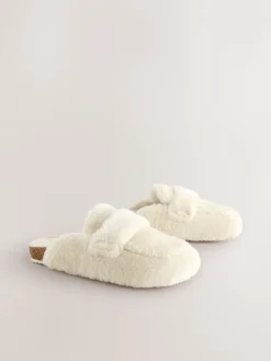 Next Ecru Faux Fur Heart Footbed Slippers Clearance