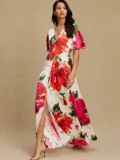 Next Ecru Floral Kaftan Textured Satin Maxi Occasion Dress Outlet