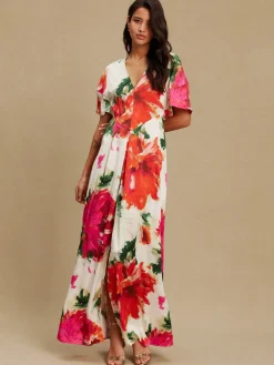 Next Ecru Floral Kaftan Textured Satin Maxi Occasion Dress Outlet