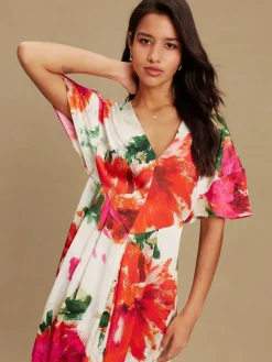 Next Ecru Floral Kaftan Textured Satin Maxi Occasion Dress Outlet