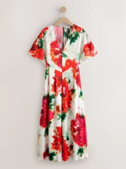 Next Ecru Floral Kaftan Textured Satin Maxi Occasion Dress Outlet