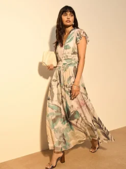 Next Pleated Mesh Print V-Neck Occasion Maxi Dress Ecru Floral Hot