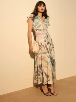 Next Pleated Mesh Print V-Neck Occasion Maxi Dress Ecru Floral Hot