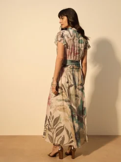 Next Pleated Mesh Print V-Neck Occasion Maxi Dress Ecru Floral Hot