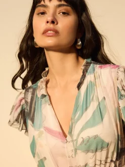 Next Pleated Mesh Print V-Neck Occasion Maxi Dress Ecru Floral Hot