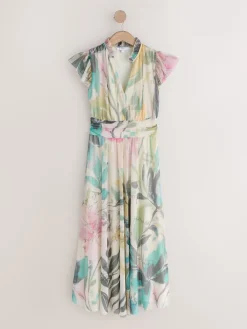 Next Pleated Mesh Print V-Neck Occasion Maxi Dress Ecru Floral Hot