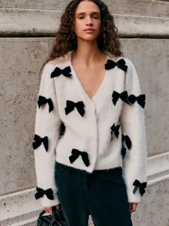 Next Knitted Velvet Bow Cardigan With Wool Ecru Sale