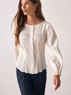 Next Long Sleeve Boatneck Textured Button-Front Blouse Ecru Online