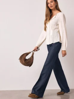 Next Long Sleeve Boatneck Textured Button-Front Blouse Ecru Online