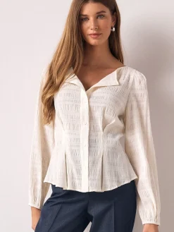 Next Long Sleeve Boatneck Textured Button-Front Blouse Ecru Online
