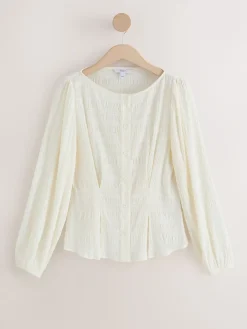 Next Long Sleeve Boatneck Textured Button-Front Blouse Ecru Online