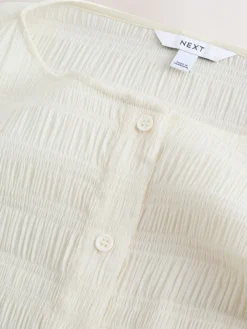 Next Long Sleeve Boatneck Textured Button-Front Blouse Ecru Online