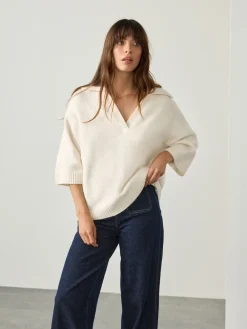 Next Open Collar Polo Half Sleeve Jumper With Wool Ecru Sale