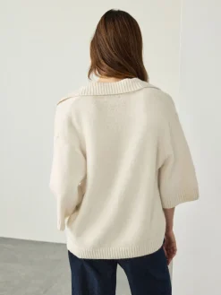 Next Open Collar Polo Half Sleeve Jumper With Wool Ecru Sale