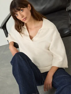 Next Open Collar Polo Half Sleeve Jumper With Wool Ecru Sale