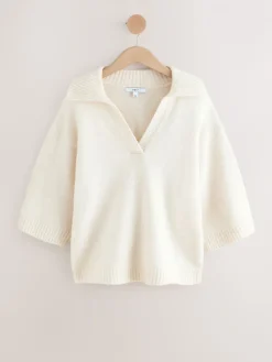 Next Open Collar Polo Half Sleeve Jumper With Wool Ecru Sale