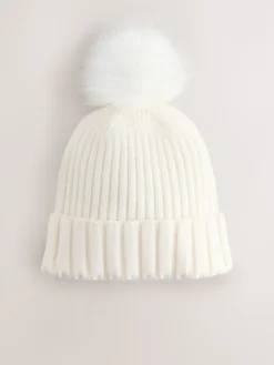 Next Ecru Rib Knit Pom Hat Outlet