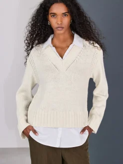 Next V-Neck Knitted Shirt Layer Look Jumper Ecru Hot