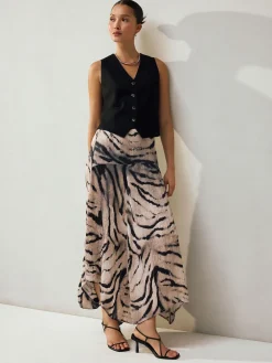Next Crinkle Satin Asymetric Midi Skirt Ecru Zebra Print