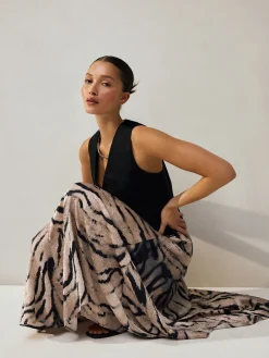 Next Crinkle Satin Asymetric Midi Skirt Ecru Zebra Print