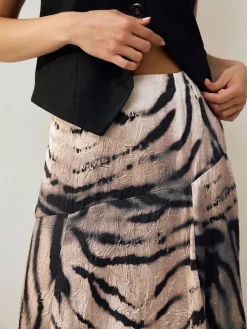 Next Crinkle Satin Asymetric Midi Skirt Ecru Zebra Print