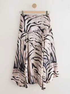 Next Crinkle Satin Asymetric Midi Skirt Ecru Zebra Print