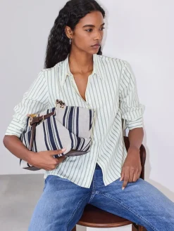 Next Ecru/Navy Fitted Stretch Essential Long Sleeve Shirt Hot