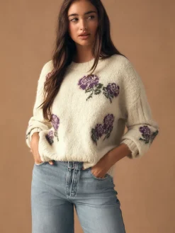 Next Crew Neck Jumper With Wool Ecru/Purple Floral New