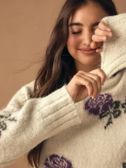 Next Crew Neck Jumper With Wool Ecru/Purple Floral New