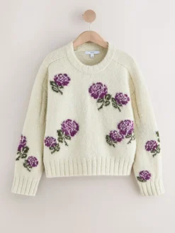 Next Crew Neck Jumper With Wool Ecru/Purple Floral New