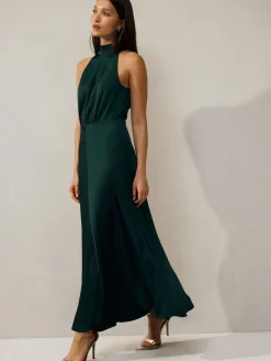 Next Emerald Green Textured Satin Halter Sleeveless Midi Dress Sale