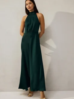 Next Emerald Green Textured Satin Halter Sleeveless Midi Dress Sale