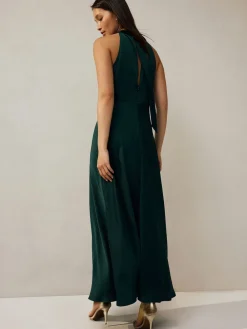 Next Emerald Green Textured Satin Halter Sleeveless Midi Dress Sale
