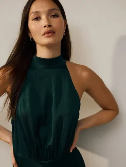 Next Emerald Green Textured Satin Halter Sleeveless Midi Dress Sale