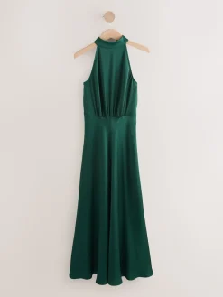 Next Emerald Green Textured Satin Halter Sleeveless Midi Dress Sale