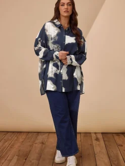 Evans Blue Smudge Print Dip Back Blouse Outlet