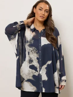 Evans Blue Smudge Print Dip Back Blouse Outlet