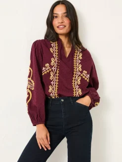 Fat Face FatFace Garratt Embroidered V-neck Blouse Burgundy Red New