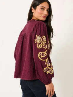 Fat Face FatFace Garratt Embroidered V-neck Blouse Burgundy Red New