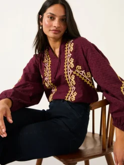Fat Face FatFace Garratt Embroidered V-neck Blouse Burgundy Red New