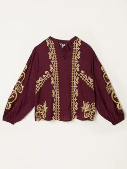 Fat Face FatFace Garratt Embroidered V-neck Blouse Burgundy Red New