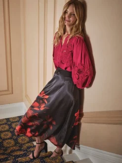 Fat Face FatFace Joelle Black Floral Midi Skirt Clearance