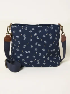 Fat Face FatFace Kingston Navy Blue Canvas Floral Bee Crossbody Bag Discount