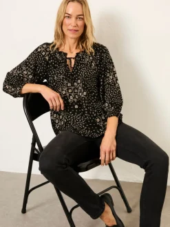 Fat Face FatFace Kira Petite Blouse Black Mono Patchwork Best