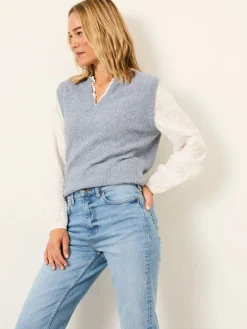 Fat Face FatFace Leoni Knitted and Woven 2in1 Top Chambray Blue Outlet