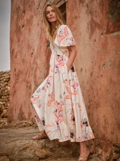 Fat Face FatFace Marlowe Gathered Sleeve Printed Maxi Dress Ivory