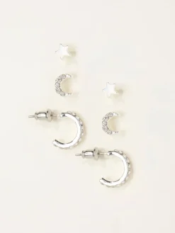 Fat Face FatFace Silver Tone Star and Moon Multi Pack Earrings Hot